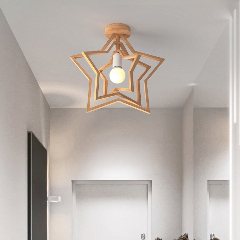 Wood Geometric Cage Flush Light Nordic Style Single Flush Ceiling Light Fixture for Corridor Clearhalo 'Ceiling Lights' 'Close To Ceiling Lights' 'Close to ceiling' 'Flush mount' Lighting' 2235929