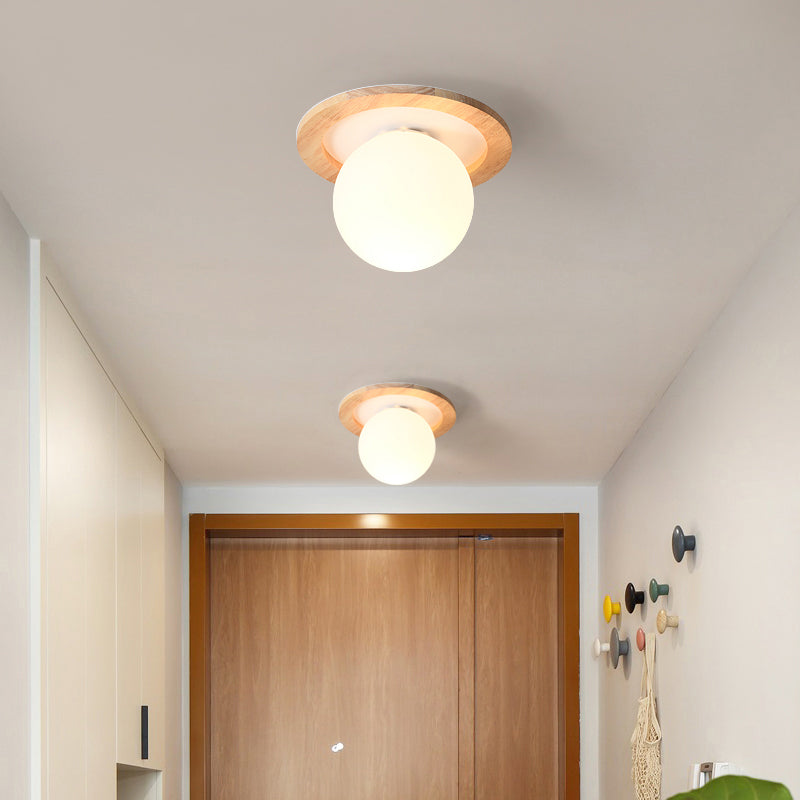 Modern Geometric Flush Mount Frosted White Glass 1-Light Corridor Flushmount Ceiling Light with Wooden Canopy White Round Clearhalo 'Ceiling Lights' 'Close To Ceiling Lights' 'Close to ceiling' 'Flush mount' Lighting' 2235938