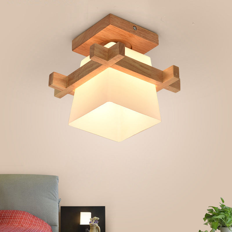 Square Flush Ceiling Light Japanese Wood Corridor Flush Mount Lighting with White Glass Shade White Clearhalo 'Ceiling Lights' 'Close To Ceiling Lights' 'Close to ceiling' 'Flush mount' Lighting' 2235942