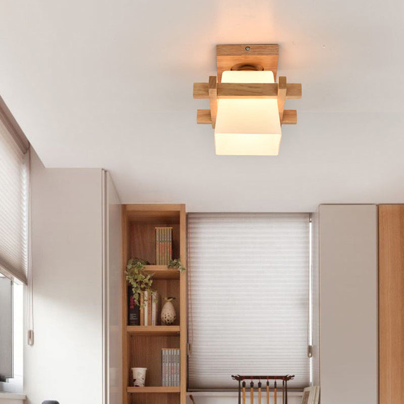 Square Flush Ceiling Light Japanese Wood Corridor Flush Mount Lighting with White Glass Shade Clearhalo 'Ceiling Lights' 'Close To Ceiling Lights' 'Close to ceiling' 'Flush mount' Lighting' 2235943