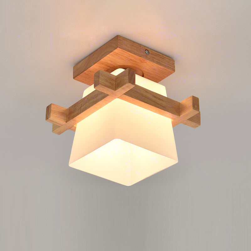 Square Flush Ceiling Light Japanese Wood Corridor Flush Mount Lighting with White Glass Shade Clearhalo 'Ceiling Lights' 'Close To Ceiling Lights' 'Close to ceiling' 'Flush mount' Lighting' 2235945