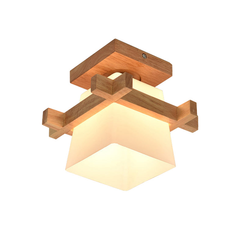 Square Flush Ceiling Light Japanese Wood Corridor Flush Mount Lighting with White Glass Shade Clearhalo 'Ceiling Lights' 'Close To Ceiling Lights' 'Close to ceiling' 'Flush mount' Lighting' 2235946