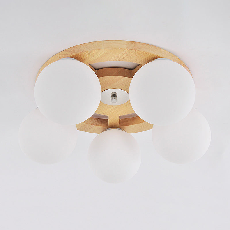 White Glass Globe Flush Mount Light Simplicity Flush Mount Ceiling Light with Wooden Canopy Clearhalo 'Ceiling Lights' 'Close To Ceiling Lights' 'Close to ceiling' 'Flush mount' Lighting' 2235949