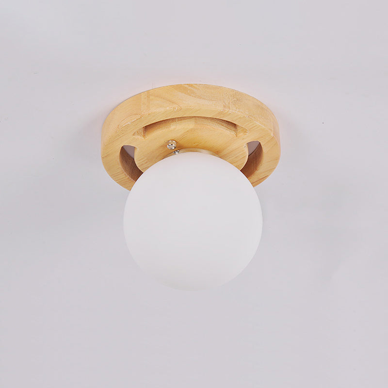 White Glass Globe Flush Mount Light Simplicity Flush Mount Ceiling Light with Wooden Canopy Clearhalo 'Ceiling Lights' 'Close To Ceiling Lights' 'Close to ceiling' 'Flush mount' Lighting' 2235954