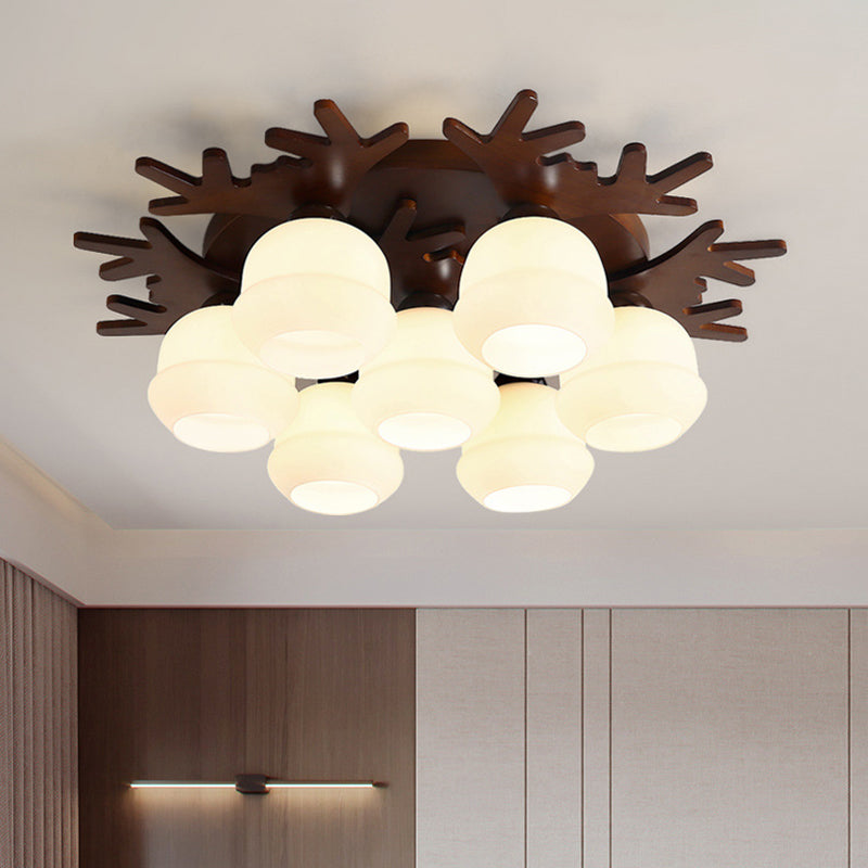 Antler Bedroom Flush Light Wood Nordic Style Flush Ceiling Light Fixture with White Glass Shade Clearhalo 'Ceiling Lights' 'Close To Ceiling Lights' 'Close to ceiling' 'Flush mount' Lighting' 2235955