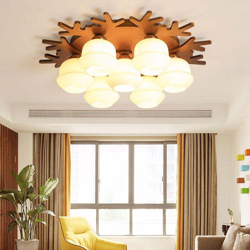 Antler Bedroom Flush Light Wood Nordic Style Flush Ceiling Light Fixture with White Glass Shade 7 White Clearhalo 'Ceiling Lights' 'Close To Ceiling Lights' 'Close to ceiling' 'Flush mount' Lighting' 2235956