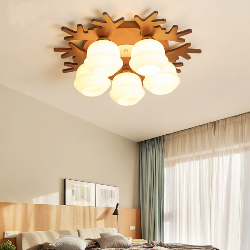 Antler Bedroom Flush Light Wood Nordic Style Flush Ceiling Light Fixture with White Glass Shade 5 White Clearhalo 'Ceiling Lights' 'Close To Ceiling Lights' 'Close to ceiling' 'Flush mount' Lighting' 2235957