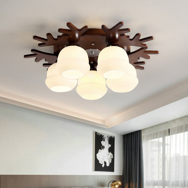 Antler Bedroom Flush Light Wood Nordic Style Flush Ceiling Light Fixture with White Glass Shade Clearhalo 'Ceiling Lights' 'Close To Ceiling Lights' 'Close to ceiling' 'Flush mount' Lighting' 2235958