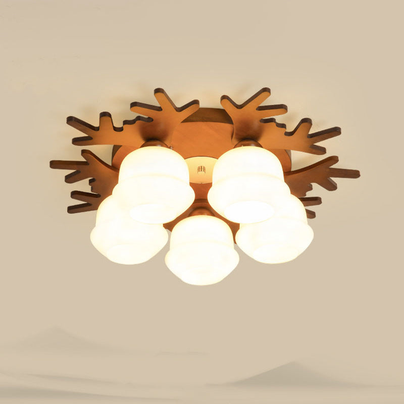 Antler Bedroom Flush Light Wood Nordic Style Flush Ceiling Light Fixture with White Glass Shade Clearhalo 'Ceiling Lights' 'Close To Ceiling Lights' 'Close to ceiling' 'Flush mount' Lighting' 2235959