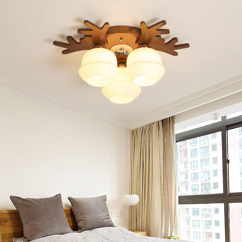 Antler Bedroom Flush Light Wood Nordic Style Flush Ceiling Light Fixture with White Glass Shade 3 White Clearhalo 'Ceiling Lights' 'Close To Ceiling Lights' 'Close to ceiling' 'Flush mount' Lighting' 2235961