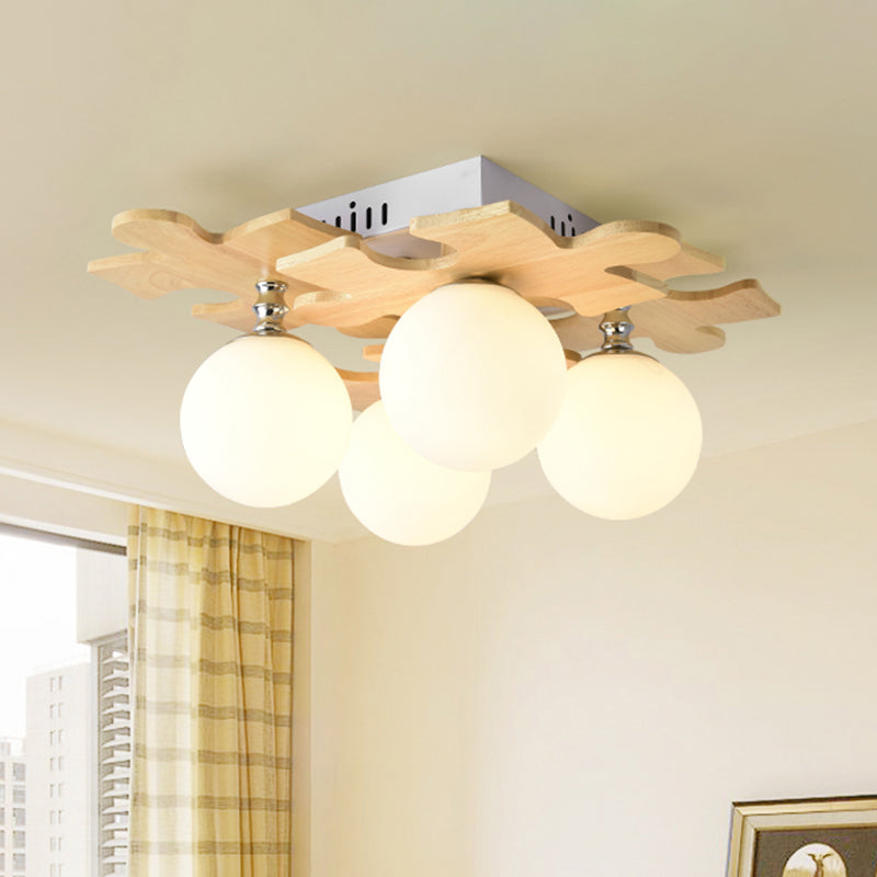 Japanese Round Flush Mount Lighting White Glass 4 Bulbs Bedroom Flush Ceiling Light Fixture with Wooden Decor Clearhalo 'Ceiling Lights' 'Close To Ceiling Lights' 'Close to ceiling' 'Flush mount' Lighting' 2235963