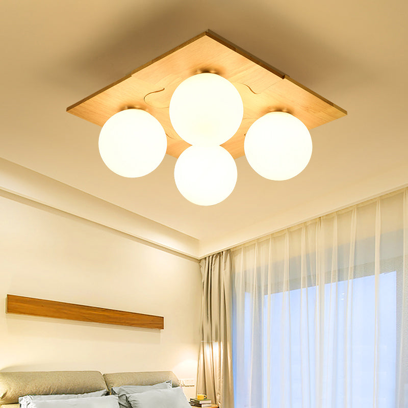 Japanese Round Flush Mount Lighting White Glass 4 Bulbs Bedroom Flush Ceiling Light Fixture with Wooden Decor White B Clearhalo 'Ceiling Lights' 'Close To Ceiling Lights' 'Close to ceiling' 'Flush mount' Lighting' 2235967