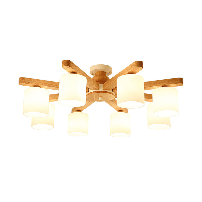 Cylinder Semi Flush Japanese Cream Glass Living Room Ceiling Mount Chandelier in Wood Clearhalo 'Ceiling Lights' 'Close To Ceiling Lights' 'Close to ceiling' 'Semi-flushmount' Lighting' 2235973