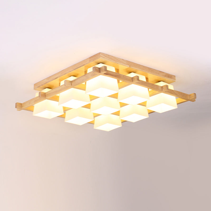 Cream Glass Geometrical Flush Mount Japanese Style Wood Flush Mount Lighting Fixture 9 Wood Clearhalo 'Ceiling Lights' 'Close To Ceiling Lights' 'Close to ceiling' 'Flush mount' Lighting' 2236001