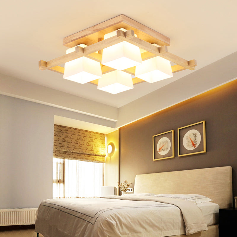 Cream Glass Geometrical Flush Mount Japanese Style Wood Flush Mount Lighting Fixture Clearhalo 'Ceiling Lights' 'Close To Ceiling Lights' 'Close to ceiling' 'Flush mount' Lighting' 2236005