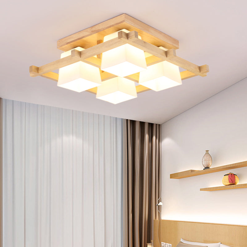 Cream Glass Geometrical Flush Mount Japanese Style Wood Flush Mount Lighting Fixture 4 Wood Clearhalo 'Ceiling Lights' 'Close To Ceiling Lights' 'Close to ceiling' 'Flush mount' Lighting' 2236007