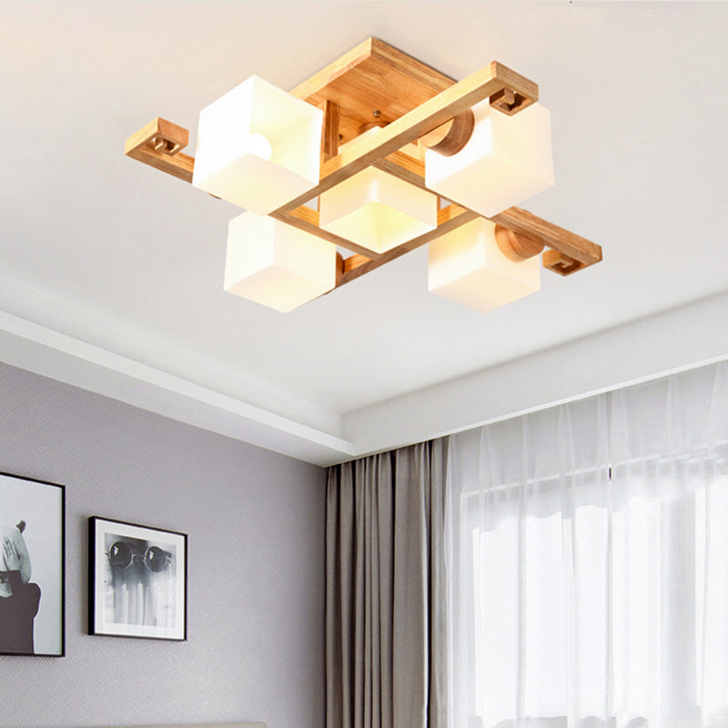 White Glass Cube Semi Flush Mount Nordic Flushmount Ceiling Light with Wooden Canopy 5 White Clearhalo 'Ceiling Lights' 'Close To Ceiling Lights' 'Close to ceiling' 'Glass shade' 'Glass' 'Semi-flushmount' Lighting' 2236030