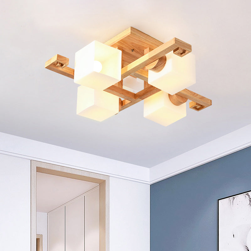 White Glass Cube Semi Flush Mount Nordic Flushmount Ceiling Light with Wooden Canopy 4 White Clearhalo 'Ceiling Lights' 'Close To Ceiling Lights' 'Close to ceiling' 'Glass shade' 'Glass' 'Semi-flushmount' Lighting' 2236031