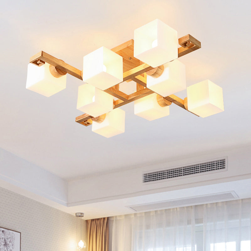 White Glass Cube Semi Flush Mount Nordic Flushmount Ceiling Light with Wooden Canopy 8 White Clearhalo 'Ceiling Lights' 'Close To Ceiling Lights' 'Close to ceiling' 'Glass shade' 'Glass' 'Semi-flushmount' Lighting' 2236032