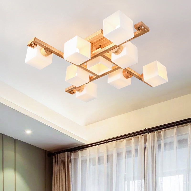 White Glass Cube Semi Flush Mount Nordic Flushmount Ceiling Light with Wooden Canopy 9 White Clearhalo 'Ceiling Lights' 'Close To Ceiling Lights' 'Close to ceiling' 'Glass shade' 'Glass' 'Semi-flushmount' Lighting' 2236033