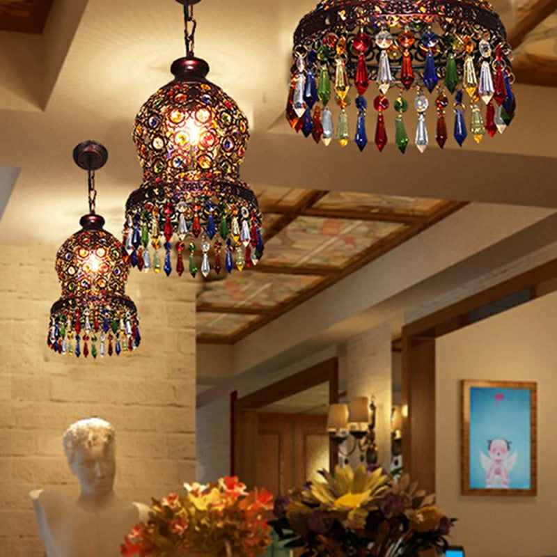 Shaded Colored Crystal Suspension Light Bohemian Restaurant Pendant Light Fixture in Copper Clearhalo 'Ceiling Lights' 'Pendant Lights' 'Pendants' Lighting' 2236090