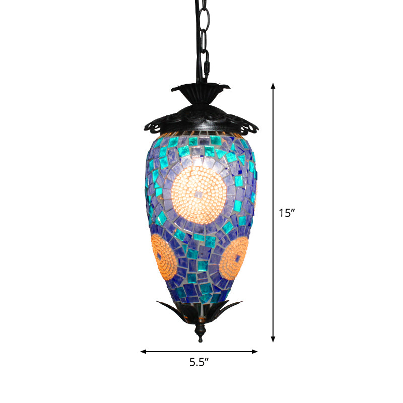 Single-Bulb Hanging Light Retro Style Mosaic Stained Glass Ceiling Lighting for Bar Blue Clearhalo 'Ceiling Lights' 'Glass shade' 'Glass' 'Pendant Lights' 'Pendants' Lighting' 2236112