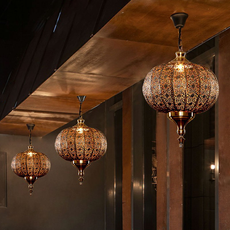 Oblate Lantern Metallic Suspension Lighting Traditional 1-Light Restaurant Pendant Ceiling Light in Brown Brown Clearhalo 'Ceiling Lights' 'Pendant Lights' 'Pendants' Lighting' 2236199_c4eac1b9-8cdb-4492-a845-f6afc92ac480