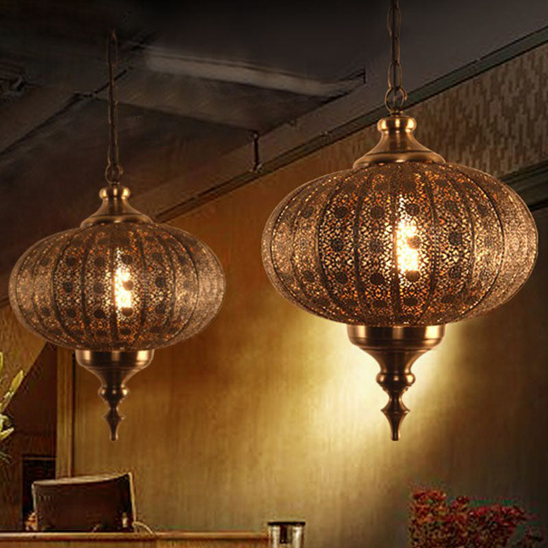 Oblate Lantern Metallic Suspension Lighting Traditional 1-Light Restaurant Pendant Ceiling Light in Brown Clearhalo 'Ceiling Lights' 'Pendant Lights' 'Pendants' Lighting' 2236200