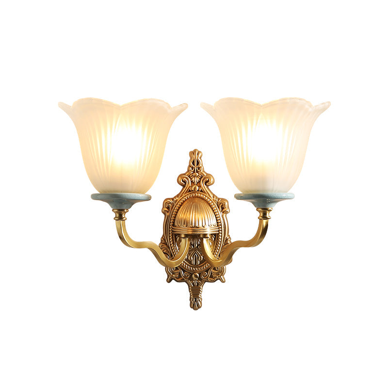 Milk Glass Brass Wall Lamp Carved Blossom 1/2-Light Vintage Wall Light Sconce with Wavy Arm for Porch Clearhalo 'Wall Lamps & Sconces' 'Wall Lights' Lighting' 223912