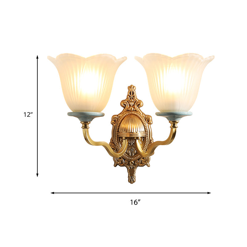 Milk Glass Brass Wall Lamp Carved Blossom 1/2-Light Vintage Wall Light Sconce with Wavy Arm for Porch Clearhalo 'Wall Lamps & Sconces' 'Wall Lights' Lighting' 223913