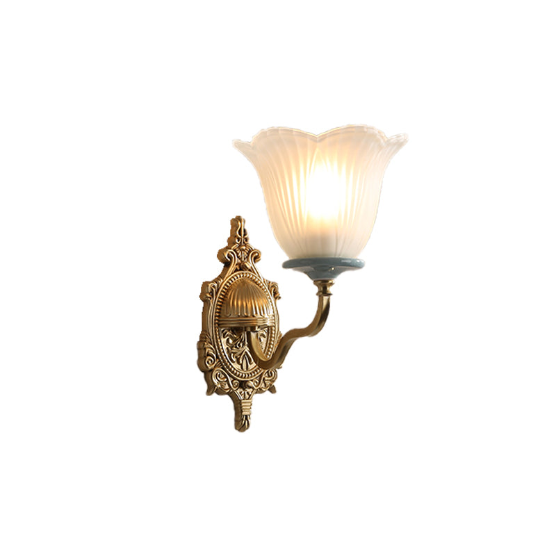 Milk Glass Brass Wall Lamp Carved Blossom 1/2-Light Vintage Wall Light Sconce with Wavy Arm for Porch Clearhalo 'Wall Lamps & Sconces' 'Wall Lights' Lighting' 223917