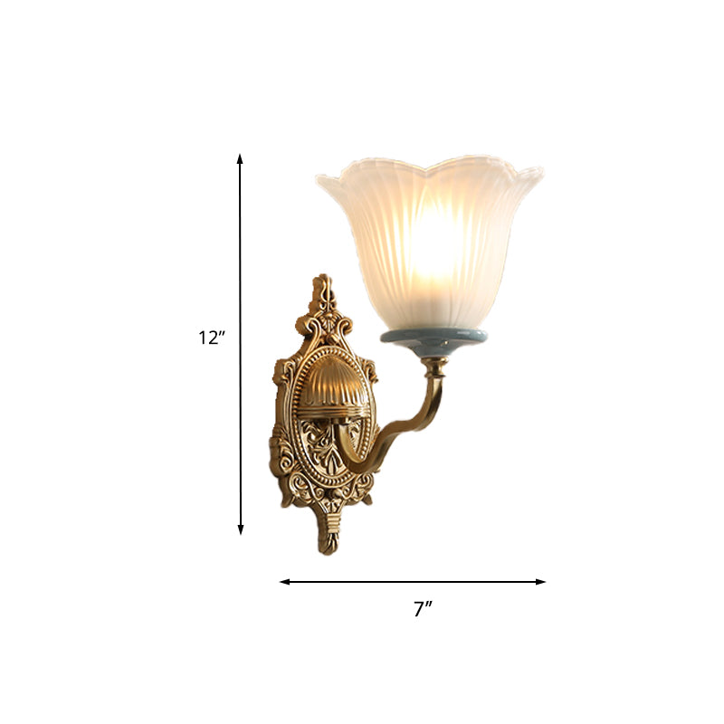 Milk Glass Brass Wall Lamp Carved Blossom 1/2-Light Vintage Wall Light Sconce with Wavy Arm for Porch Clearhalo 'Wall Lamps & Sconces' 'Wall Lights' Lighting' 223918