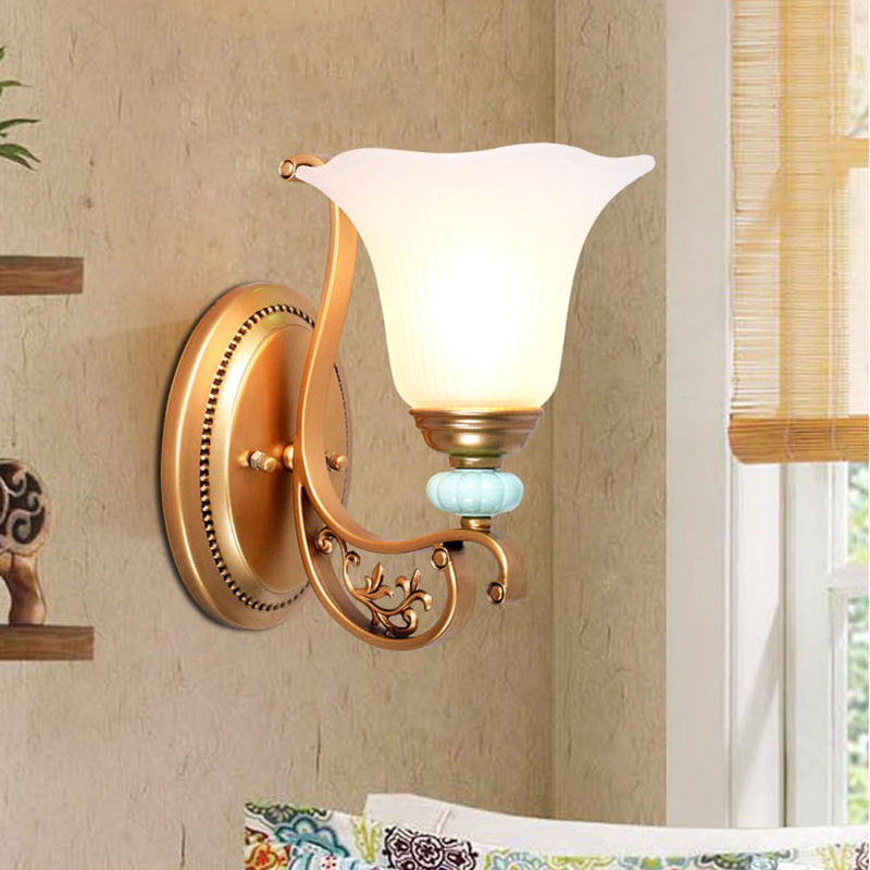 Traditional Scalloped Wall Mounted Lamp 1/2-Light Milky Glass Shade Wall Sconce Light in Gold for Bedroom Clearhalo 'Wall Lamps & Sconces' 'Wall Lights' Lighting' 223931