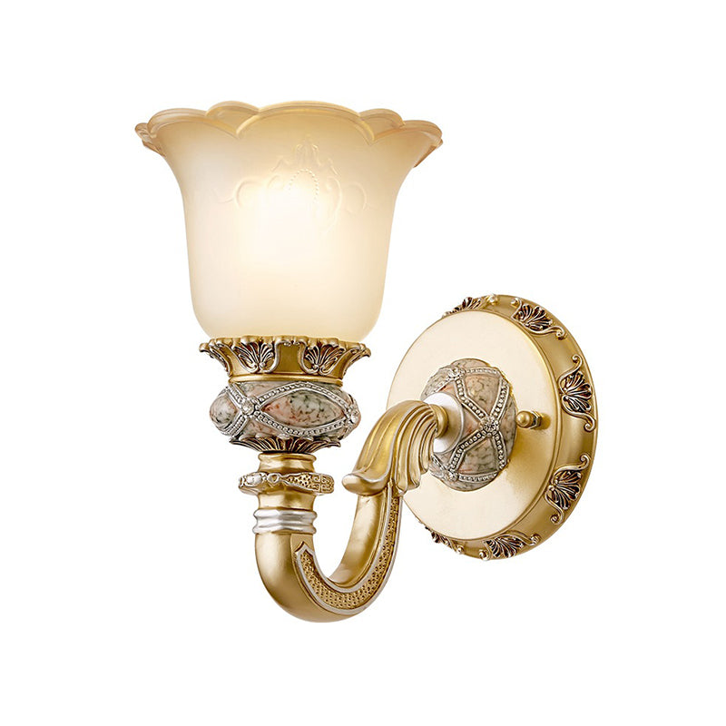 Vintage Flower Wall Light 1 Light Frosted Glass Wall Sconce Lighting with Metal Carved Arm in Gold for Foyer Clearhalo 'Wall Lamps & Sconces' 'Wall Lights' Lighting' 223960