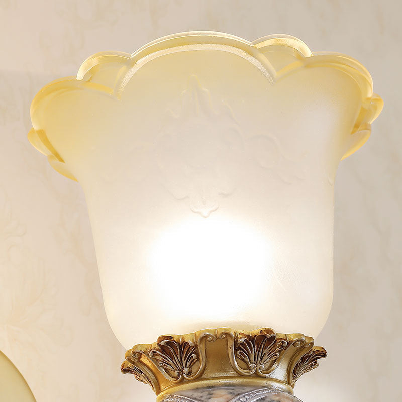 Vintage Flower Wall Light 1 Light Frosted Glass Wall Sconce Lighting with Metal Carved Arm in Gold for Foyer Clearhalo 'Wall Lamps & Sconces' 'Wall Lights' Lighting' 223962