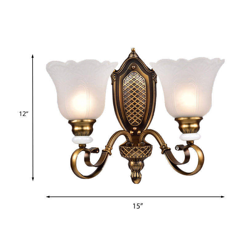 Retro Floral Sconce Light Fixture 1/2-Light White Glass Wall Mounted Light with Metal Curved Arm in Bronze Clearhalo 'Wall Lamps & Sconces' 'Wall Lights' Lighting' 223986