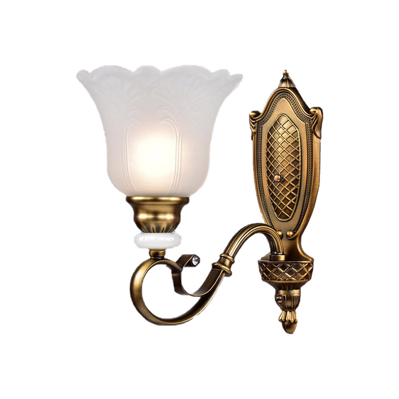 Retro Floral Sconce Light Fixture 1/2-Light White Glass Wall Mounted Light with Metal Curved Arm in Bronze Clearhalo 'Wall Lamps & Sconces' 'Wall Lights' Lighting' 223989