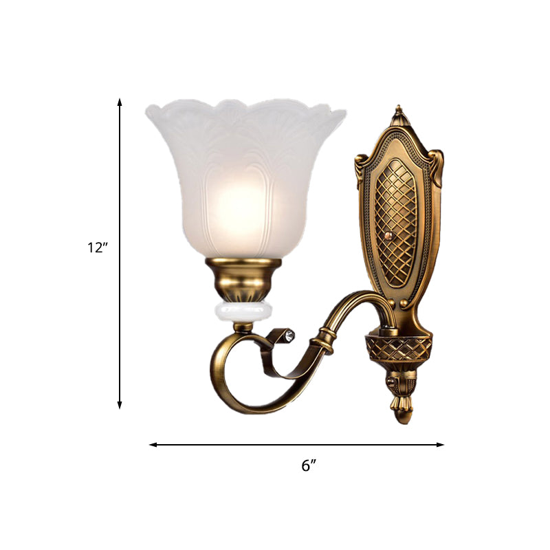 Retro Floral Sconce Light Fixture 1/2-Light White Glass Wall Mounted Light with Metal Curved Arm in Bronze Clearhalo 'Wall Lamps & Sconces' 'Wall Lights' Lighting' 223990