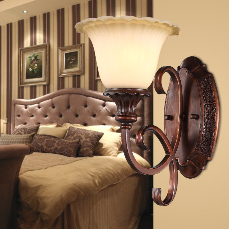 1-Light Frosted Glass Wall Light Vintage Style Red Brown Flower Bedroom Wall Sconce with Curvy Arm Clearhalo 'Wall Lamps & Sconces' 'Wall Lights' Lighting' 223997