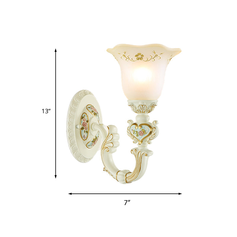 1-Light Wall Mount Lamp Retro Flower Frosted Glass Sconce Light with Carved Arm in White for Porch Clearhalo 'Wall Lamps & Sconces' 'Wall Lights' Lighting' 224023