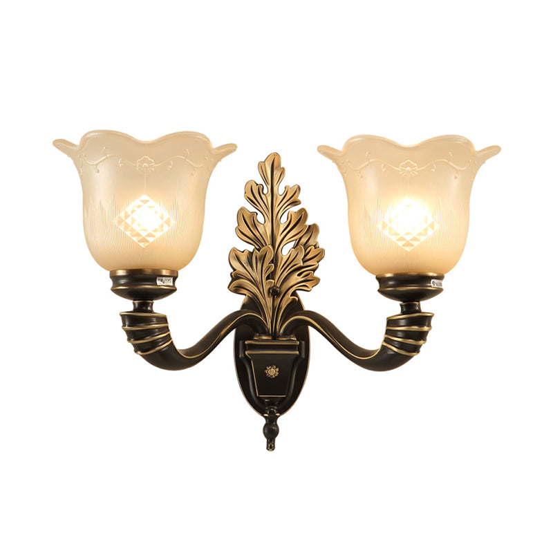 1/2-Light Wall Light Fixture Vintage Blossom Carved Glass Wall Sconce with Curved Arm in Black for Living Room Clearhalo 'Wall Lamps & Sconces' 'Wall Lights' Lighting' 224034