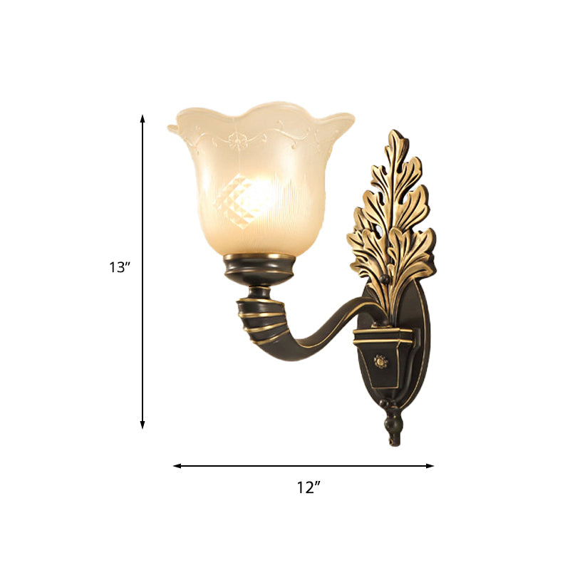 1/2-Light Wall Light Fixture Vintage Blossom Carved Glass Wall Sconce with Curved Arm in Black for Living Room Clearhalo 'Wall Lamps & Sconces' 'Wall Lights' Lighting' 224040