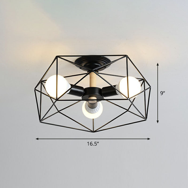 Industrial Fan Cage Semi Flush Mount Iron Flushmount Ceiling Light for Living Room 3 Black Clearhalo 'Ceiling Lights' 'Close To Ceiling Lights' 'Close to ceiling' 'Semi-flushmount' Lighting' 2241286