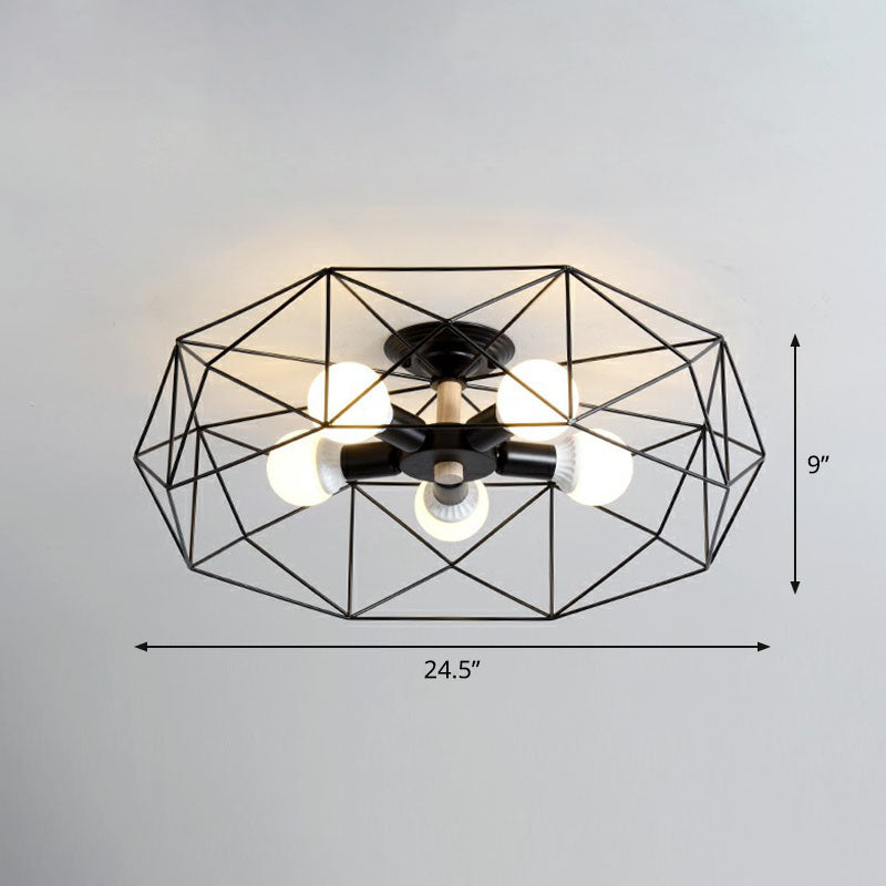 Industrial Fan Cage Semi Flush Mount Iron Flushmount Ceiling Light for Living Room 5 Black Clearhalo 'Ceiling Lights' 'Close To Ceiling Lights' 'Close to ceiling' 'Semi-flushmount' Lighting' 2241291