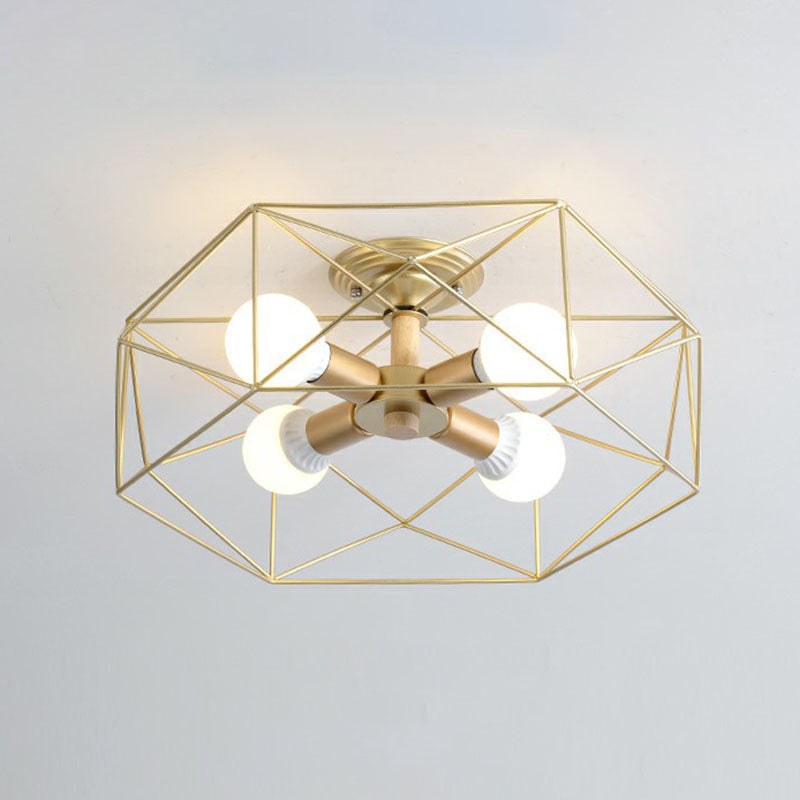 Industrial Fan Cage Semi Flush Mount Iron Flushmount Ceiling Light for Living Room 4 Gold Clearhalo 'Ceiling Lights' 'Close To Ceiling Lights' 'Close to ceiling' 'Semi-flushmount' Lighting' 2241292