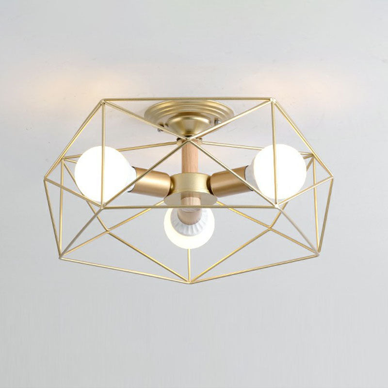 Industrial Fan Cage Semi Flush Mount Iron Flushmount Ceiling Light for Living Room 3 Gold Clearhalo 'Ceiling Lights' 'Close To Ceiling Lights' 'Close to ceiling' 'Semi-flushmount' Lighting' 2241293