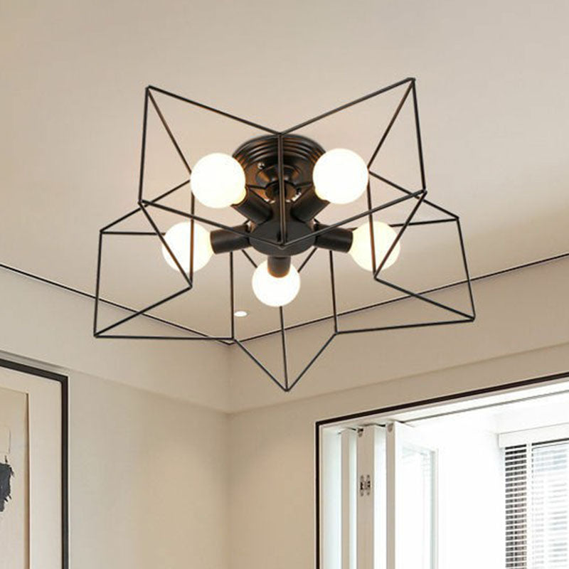 5 Heads Semi Flush Fixture Antique Star Frame Iron Flush Mount Ceiling Light for Bedroom Black Clearhalo 'Ceiling Lights' 'Close To Ceiling Lights' 'Close to ceiling' 'Semi-flushmount' Lighting' 2241301