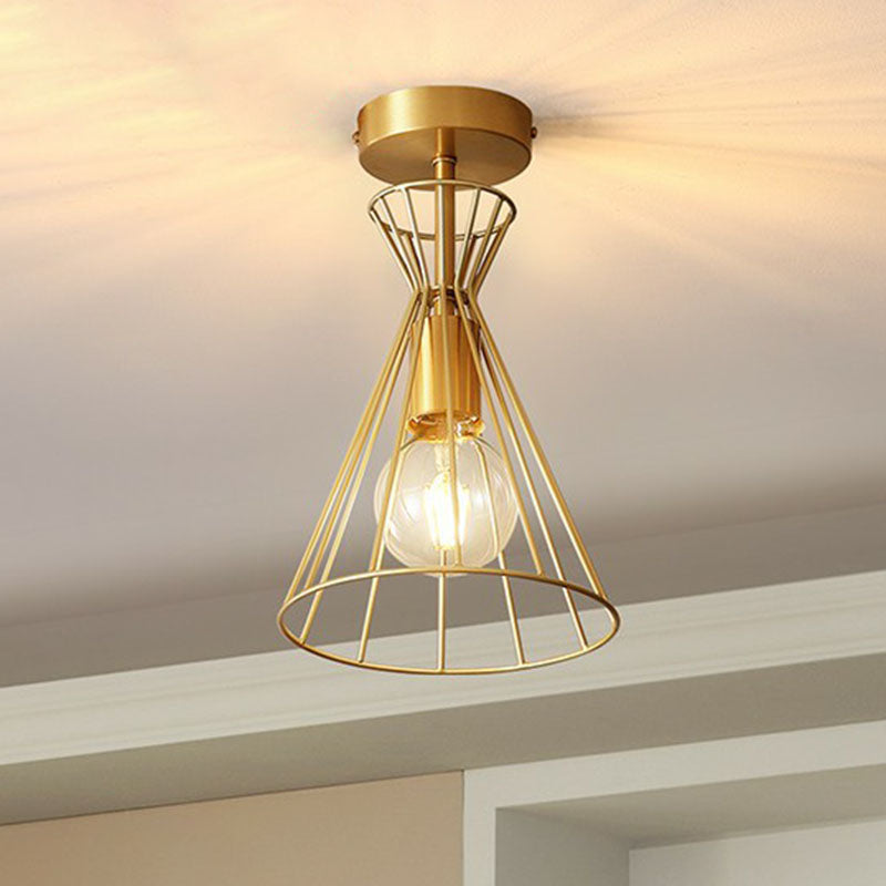 Vintage Hourglass Semi Flush Ceiling Light Single-Bulb Metal Flush Mount Lighting Fixture in Gold Clearhalo 'Ceiling Lights' 'Close To Ceiling Lights' 'Close to ceiling' 'Semi-flushmount' Lighting' 2241358