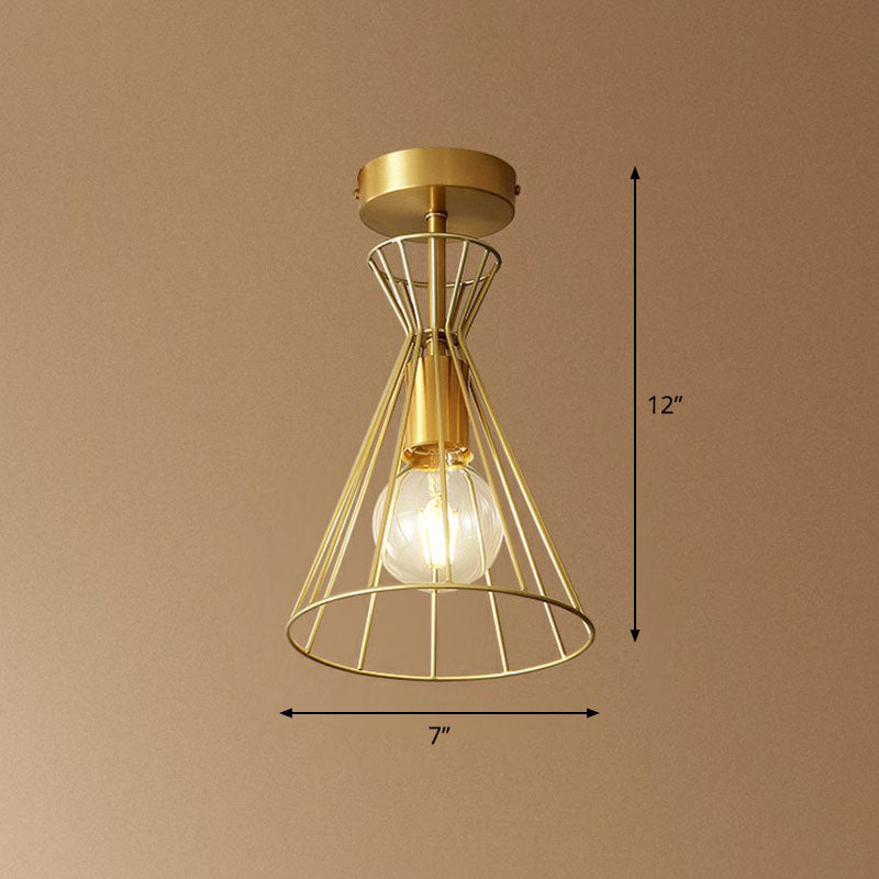 Vintage Hourglass Semi Flush Ceiling Light Single-Bulb Metal Flush Mount Lighting Fixture in Gold Clearhalo 'Ceiling Lights' 'Close To Ceiling Lights' 'Close to ceiling' 'Semi-flushmount' Lighting' 2241360