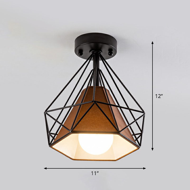 Iron Diamond Cage Semi Flush Light Simplicity Single Corridor Flush Ceiling Light Fixture Black Brown Clearhalo 'Ceiling Lights' 'Close To Ceiling Lights' 'Close to ceiling' 'Semi-flushmount' Lighting' 2241379